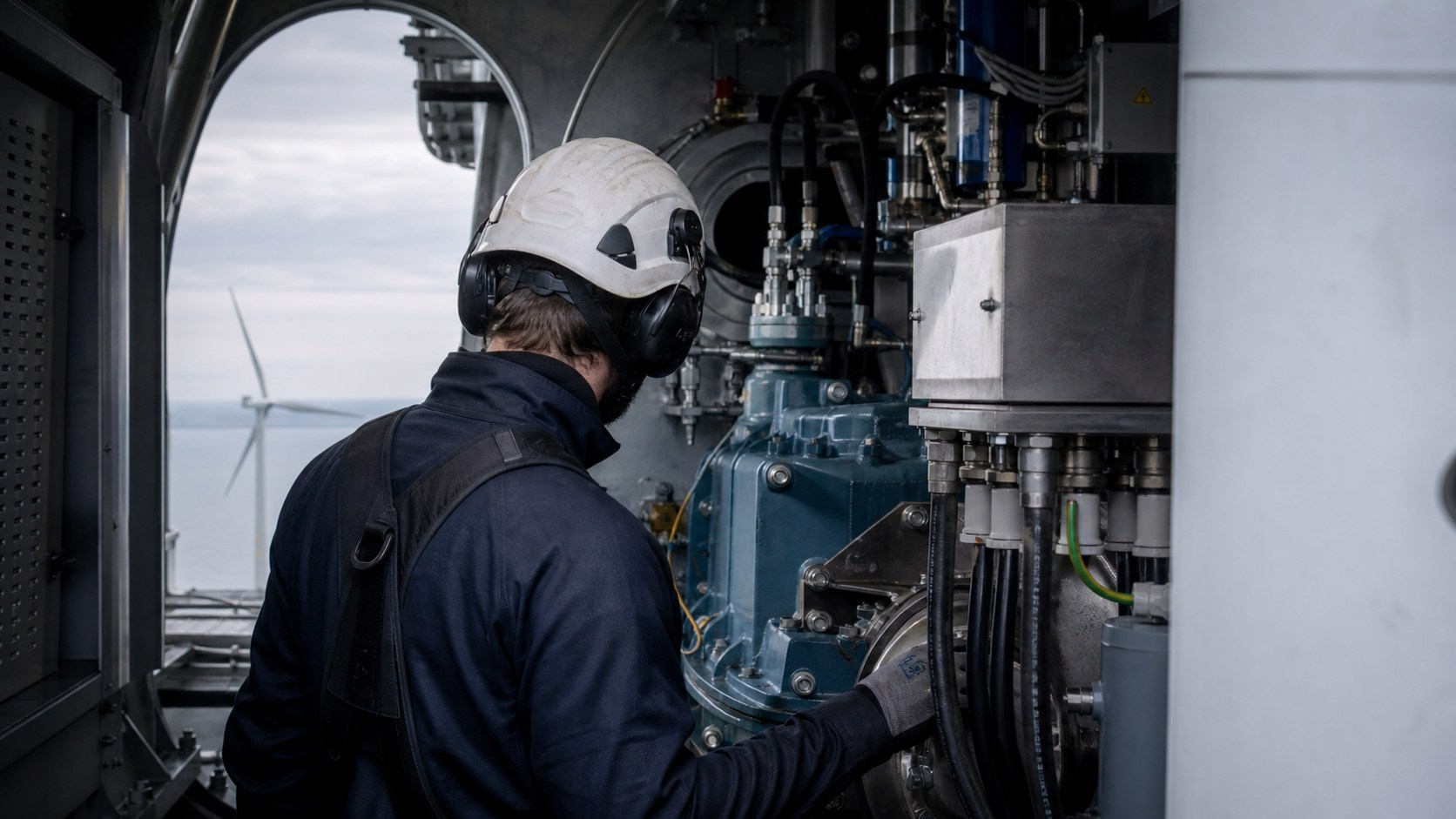Technician inspecting drivetrain equipment inside a wind turbine nacelle